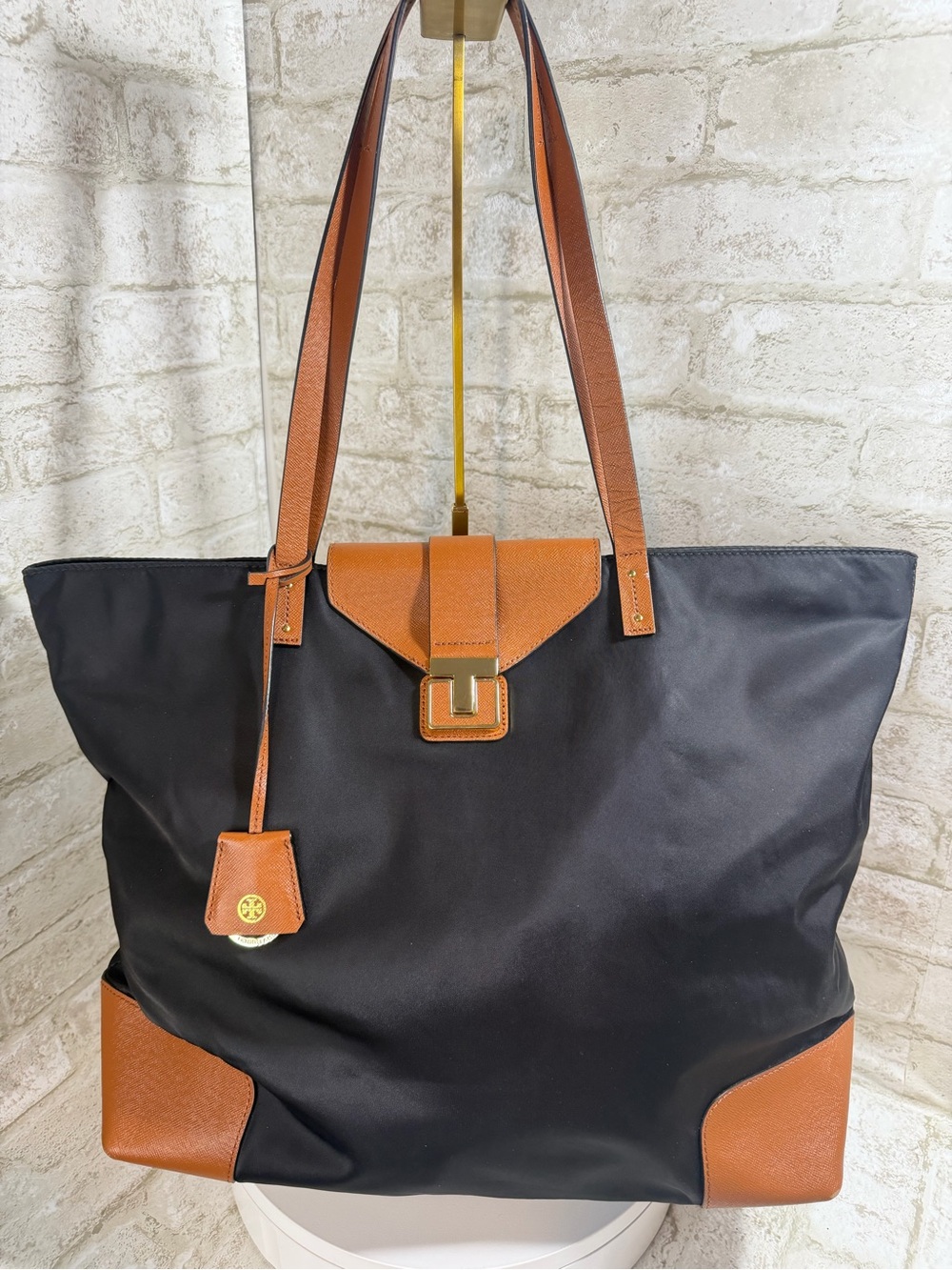 Tory Burch Black/ Brown Leather RARE Penn Nylon Flap Tote - Excellent Condition